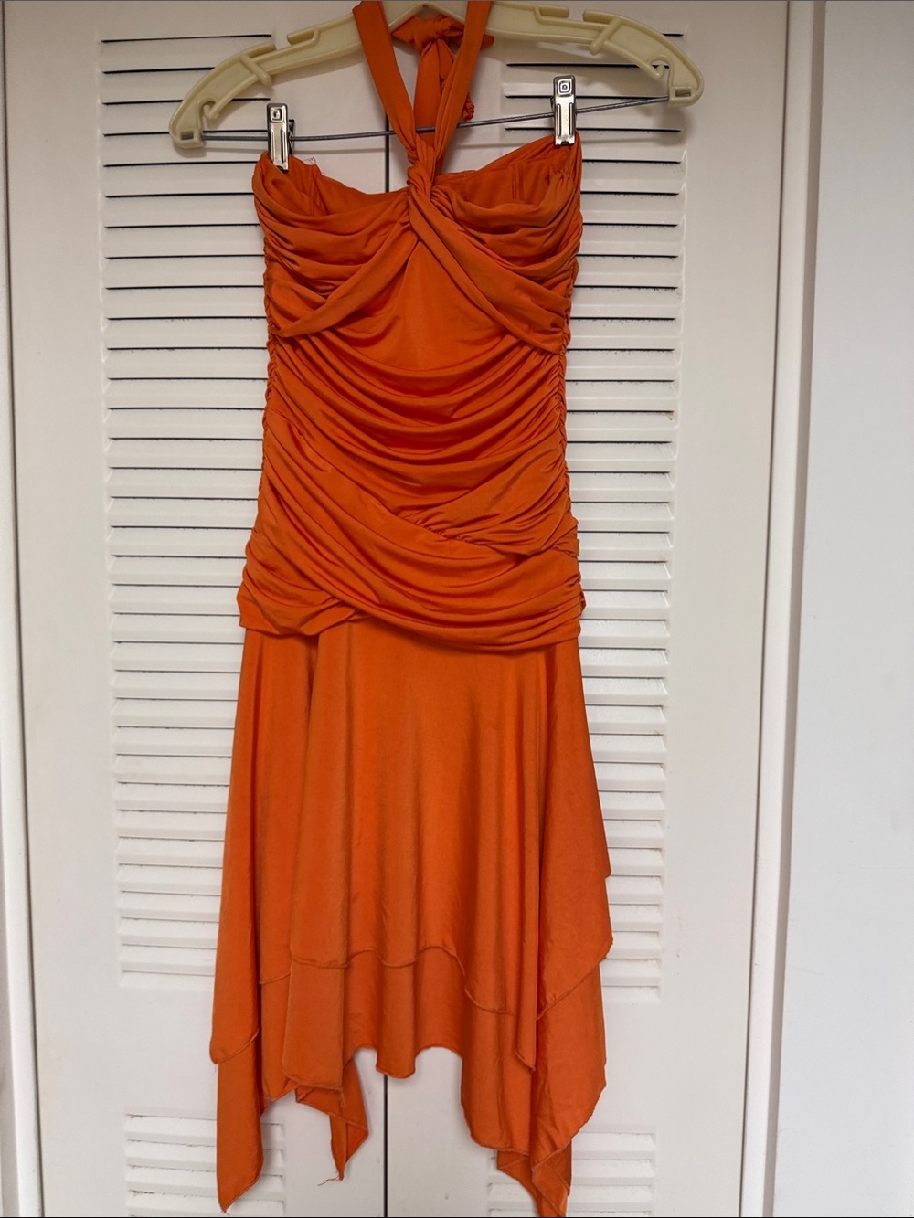 Source Unknown Orange Asymmetrical Ruched Halter Dress
